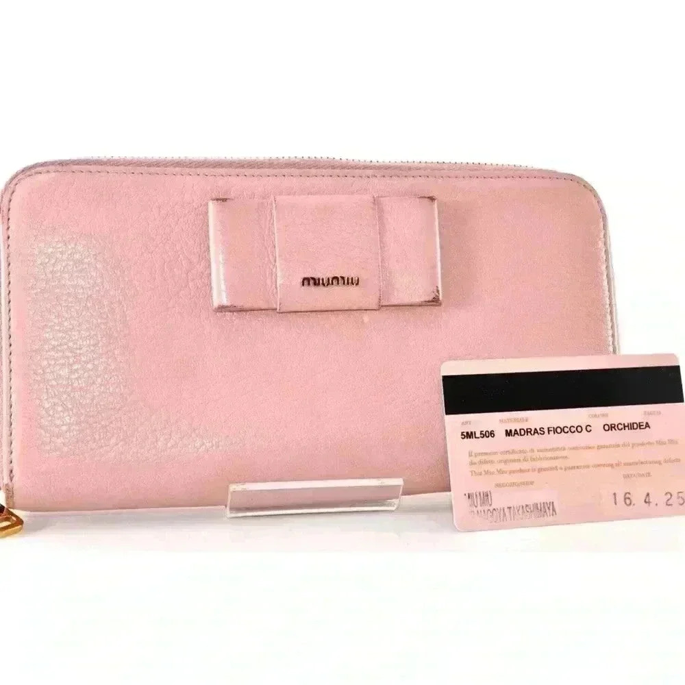 MIU MIU Ribbon Long Wallet Leather Pink Gold Zip Women Used Auth w/Card 8C11191